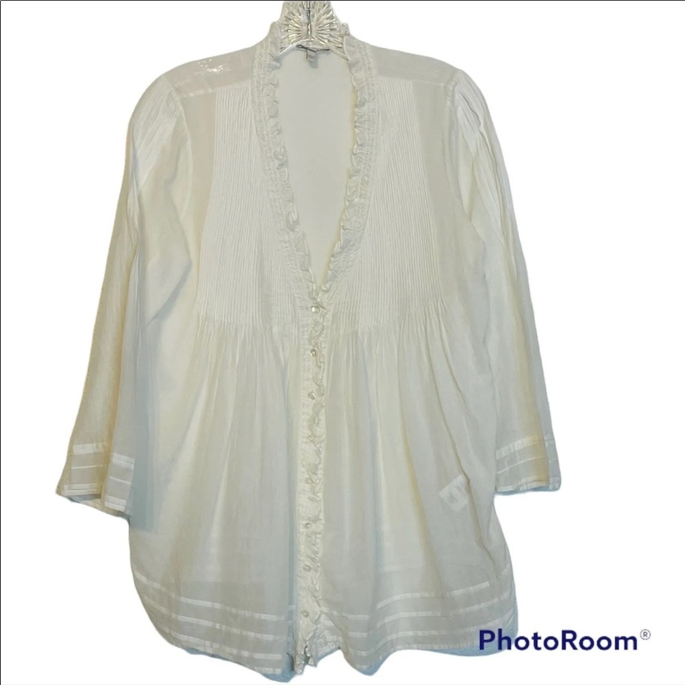 Joie Silk Tunic V-Neck Ruffle Neckline Buttons Ivory Top